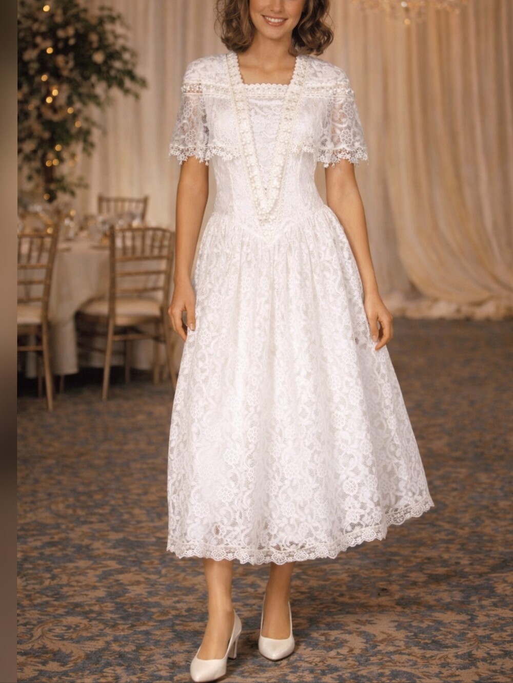 Jessica McClintock Vintage 80s 90s White Lace Party Prom Bridesmaid Dress sz 4